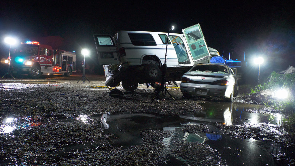 FoxFury scene lights illuminate a auto accident