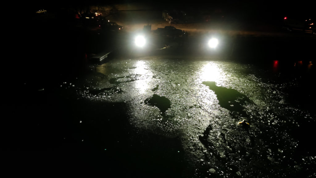 FoxFury, Nomad, 360s illuminate a frozen pond for a swimmer rescue
