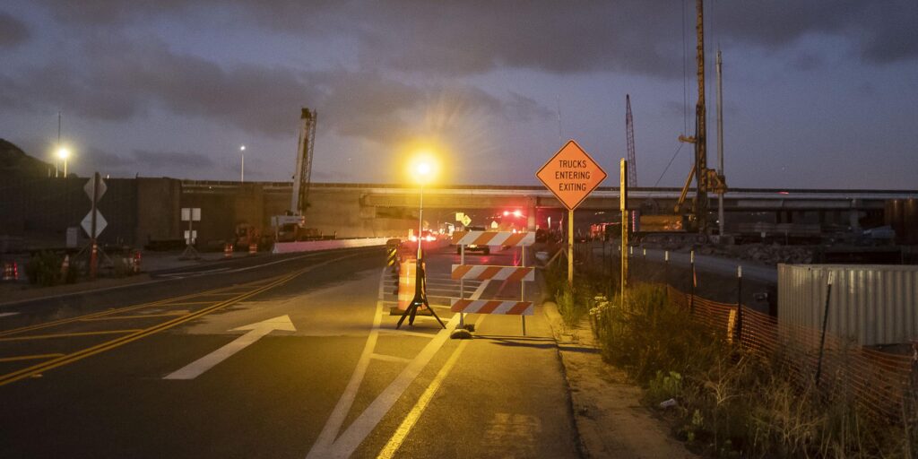 FoxFury Nomad 360 scene light with yellow color band marks road construction detour